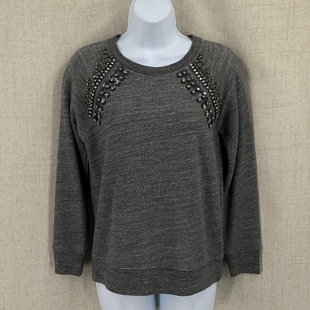 J.Crew Sweatshirt Women XS Gray Embellished Rhinestone Raglan Pullover Classic